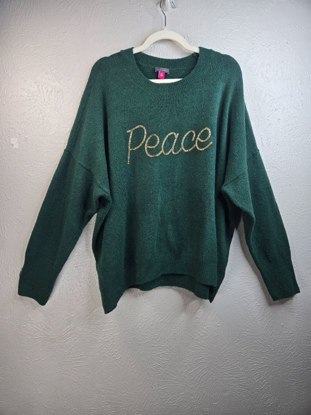 Peace Embellished Pullover Sweater XXL Dark Green Knit Gold Beaded‎ Relaxed Fit